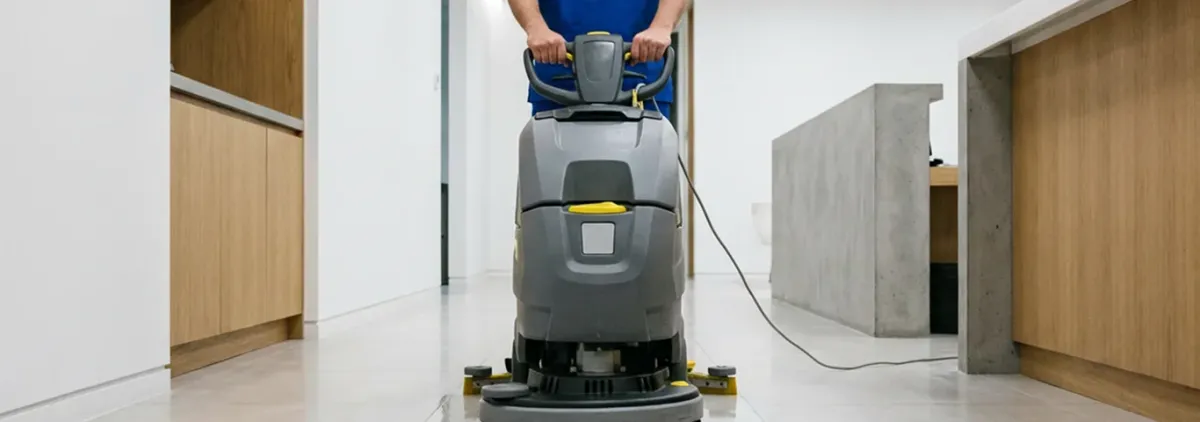Janitorial staff using a floor scrubber machine to clean a commercial hallway, Sacramento, CA.