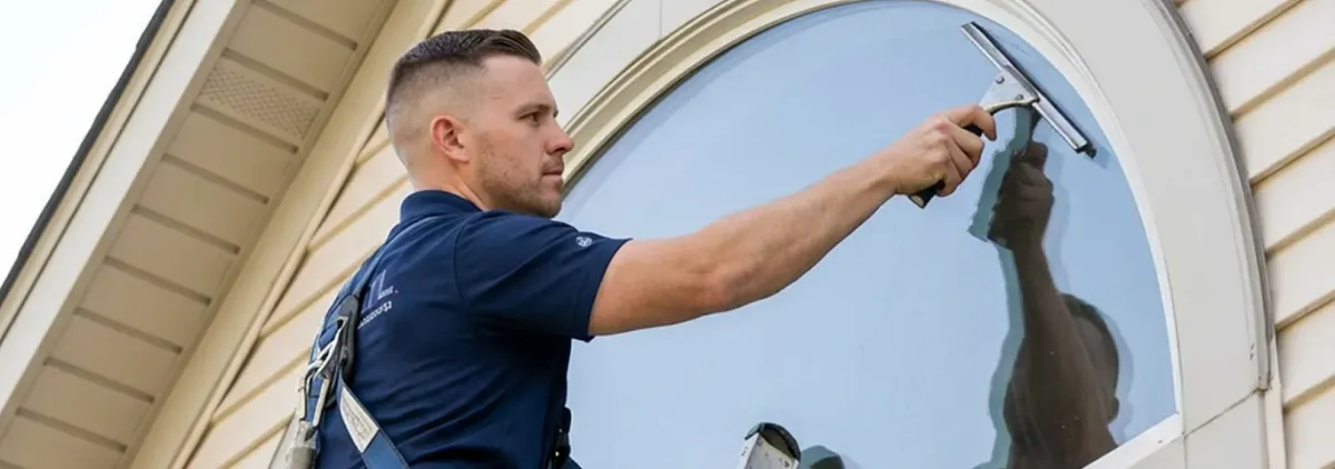 Professional window cleaner using a squeegee to clean an exterior arched window on a home, Sacramento, CA.
