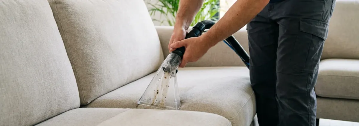 Technician extracting dirt and moisture from a fabric sofa with an upholstery cleaning wand, Sacramento, CA.